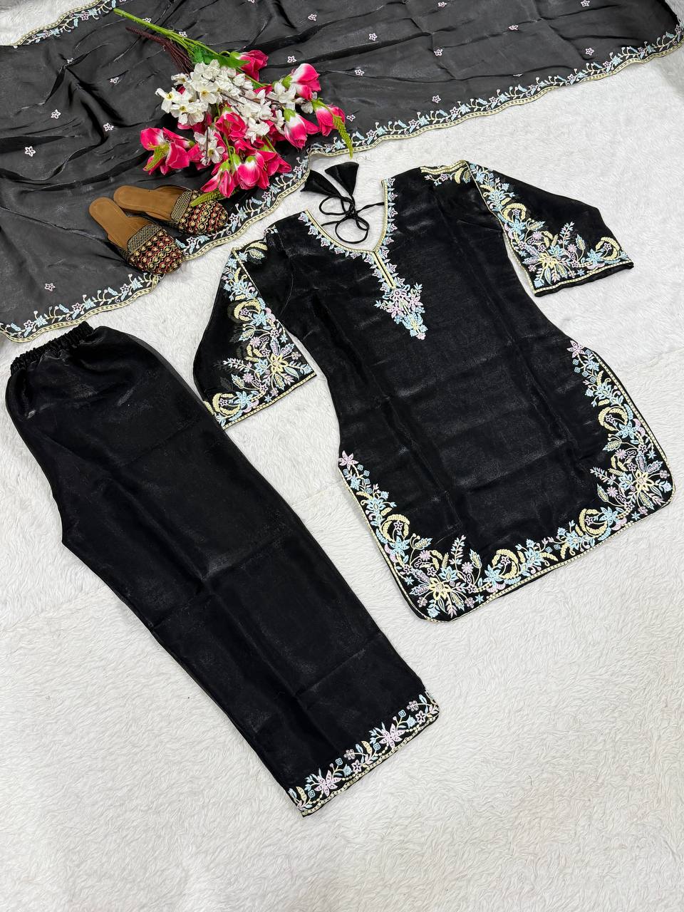 Deep Obsidian Floral-Embroidered Couture